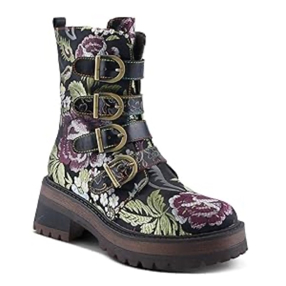 Floral Embroidered Buckle Combat Boots - Black & Purple